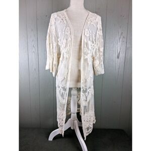 Emory Park Cream Floral‎ Crochet Lace Duster XS Kimono Cover-Up Open Front Boho